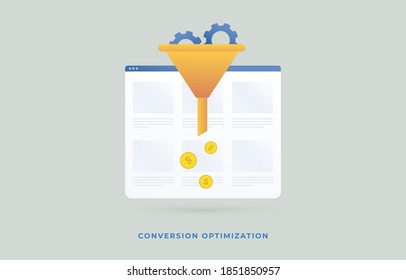 Conversion Rate Optimization flat vector illustration. Conversion rate optimization management. Internet marketing and business revenue growth concept with sales funnel and money, coins icon.