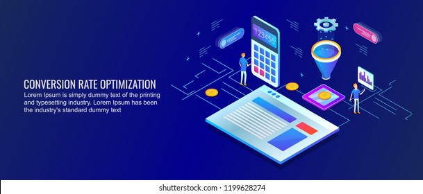 Conversion rate optimization, Conversion funnel, conversion rate flat design 3D style isometric banner