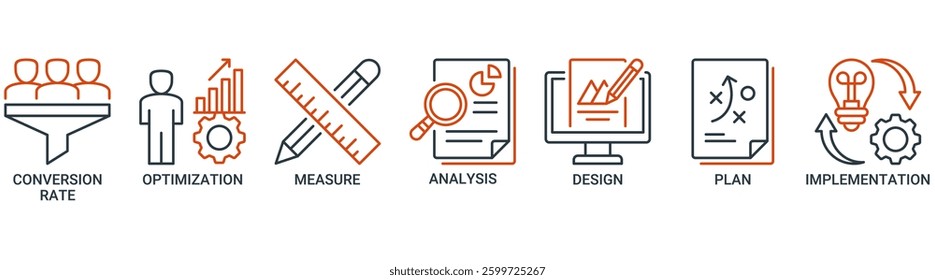 Conversion rate optimization icon set. Vector illustration concept with icon of measure, analysis, design, plan, and implementation icons. Outline vector symbol background.