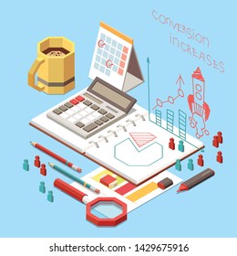 Conversion rate optimization isometric concept with stationery and planner with diagram on work place 3d vector illustration