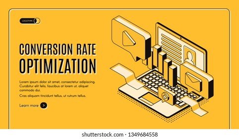 Konvertierungsrate Optimierung isometrische Vektorwebbanner mit digitalen Inhalten auf Laptop-Bildschirm-Illustration. Internet-Marketing-Technologie, e-Commerce-Verkaufsoptimierung Service-Landing-Page-Vorlage