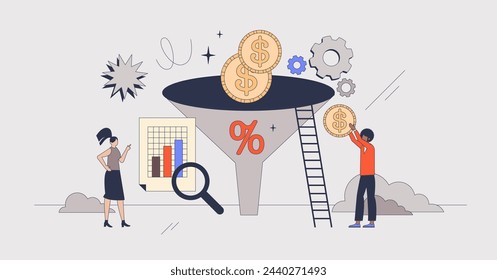 Optimización de la tasa de conversión para el concepto de neburutalismo de marketing de la persona pequeña. Campaña de promoción de negocios efectiva con embudo de datos, investigación de información e ilustración vectorial de análisis de costos.