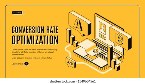 Conversion rate optimization online service isometric vector web banner with A B split testing results on laptop screen illustration. Internet marketing, e-commerce seo startup landing page template