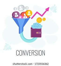 Conversion Rate optimization. Potential customer becoming an actual customer. Lead generation. Sales funnel. Digital online marketing KPI. Strategy and management. Flat vector illustration