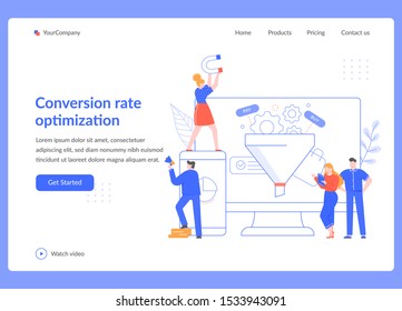 Conversion rate optimization. Sales funnel strategy, SEO optimization and sales statistical tests. Marketing service vector illustration. Social media network, digital business landing page template