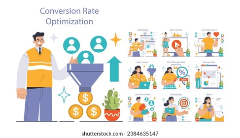 Conjunto de optimización de velocidad de conversión. Expertos analizando el desempeño del sitio web. Una prueba B, embudo de ventas, generación de plomo. Estrategias de compromiso de usuarios. Ilustración vectorial plana