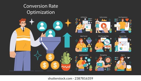 Conversion Rate Optimization set. Experts analyzing website performance. A B testing, sales funnel, lead generation. User engagement strategies. Flat vector illustration