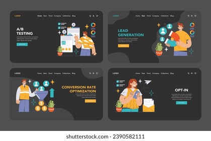 Conversion Rate Optimization set. Experts analyzing website performance. A B testing, sales funnel, lead generation. User engagement strategies. Flat vector illustration