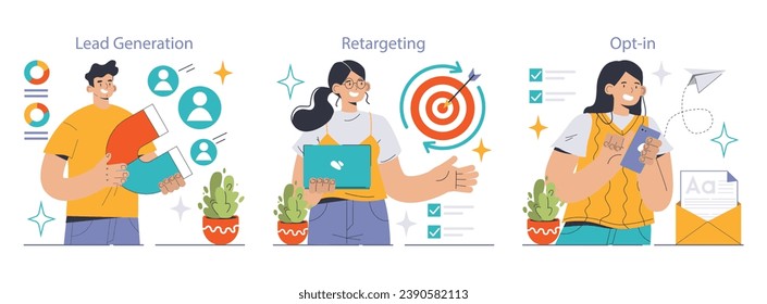 Conversion rate optimization set. Professionals harnessing tools for digital growth. Lead generation with magnet, precise retargeting strategy, user opt-in via smartphone. Flat vector illustration