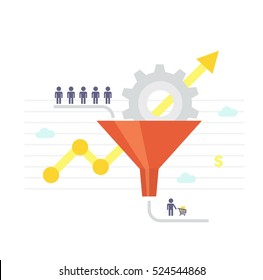 Conversion Rate Optimization - vector illustration. Visitors enter the sales funnel. Internet marketing conversion concept in flat style.