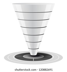 Conversão ou vendas funil facilmente personalizável, de 1 a 7 níveis mais no alvo, gráficos vetoriais. tons de branco e cinza.