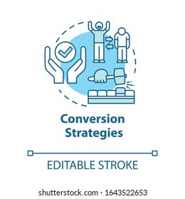 Conversion Strategies Concept Icon. Client Engagement. Generating Lead Customers. E-commerce And Marketing Idea Thin Line Illustration. Vector Isolated Outline RGB Color Drawing. Editable Stroke