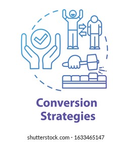 Conversion strategies concept icon. SEO company work. Generating lead customers. Retail and e-commerce. Marketing idea thin line illustration. Vector isolated outline RGB color drawing