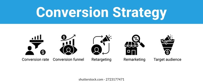 Estratégia de conversão ícone do banner da web vetor ilustração conceito , com ícone de taxa de conversão, funil de conversão, redirecionamento, remarketing.