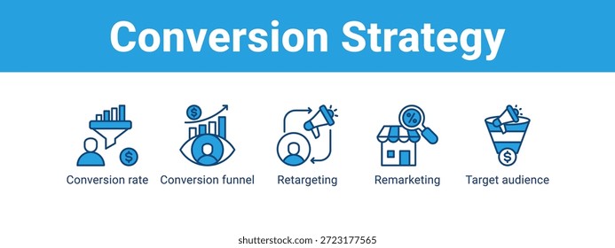 Estratégia de conversão ícone do banner da web vetor ilustração conceito , com ícone de taxa de conversão, funil de conversão, redirecionamento, remarketing.