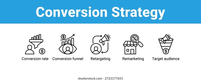 Estratégia de conversão ícone do banner da web vetor ilustração conceito , com ícone de taxa de conversão, funil de conversão, redirecionamento, remarketing.