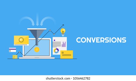 Conversions- Turning audience into customers - Idea of conversion optimization flat vector banner on blue background