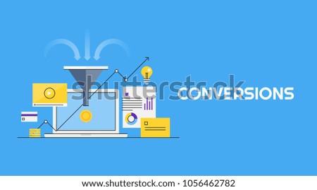 Conversions- Turning audience into customers - Idea of conversion optimization flat vector banner on blue background