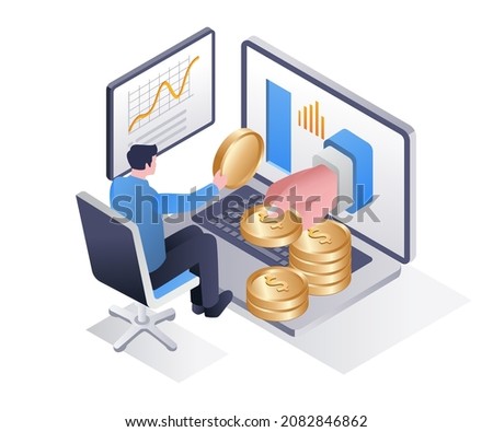 Convert coins to dollars in isometric illustration