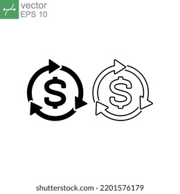 Convert dollar line and glyph icon. Dollar exchange with recycle arrow for transaction, money back for convert, refund, investment. Reinvestment Vector illustration Design on white background EPS 10