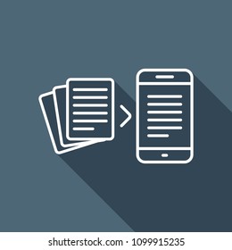 Convert to electronic document. White flat icon with long shadow on background