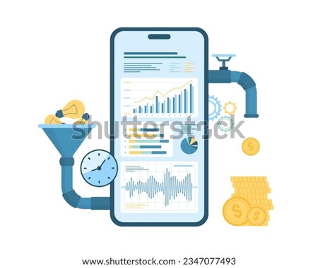 Convert ideas into money with mobile app in phone vector illustration. Cartoon isolated smartphone with funnel and pipes, marketing research system and chart report analysis of digital projects