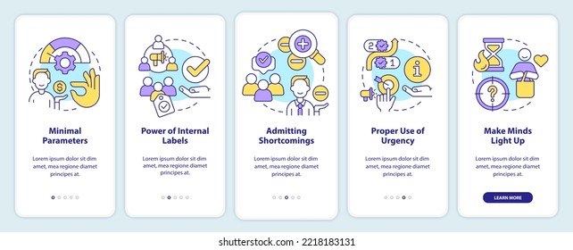 Convert more customers onboarding mobile app screen. Consumer behavior walkthrough 5 steps editable graphic instructions with linear concepts. UI, UX, GUI template. Myriad Pro-Bold, Regular fonts used