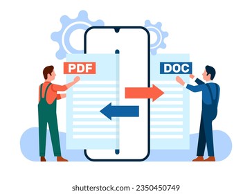 Convert Pdf to doc file. People using app on cellphone. Mobile converter technology. Men online exchange document extension formats. Smartphone application. Text remake