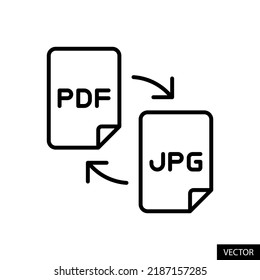 Convertir PDF en icono vectorial de archivo JPG en diseño de estilo de línea para diseño de sitio web, aplicación, interfaz de usuario, aislado en fondo blanco. Trazo editable. Ilustración vectorial EPS 10.