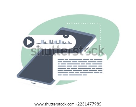 Convert speech to text concept. Transcribe audio and voice messages to plain text. Speech-to-Text vector illustration for app, service and landing pages. Decryption of incoming voice messages.