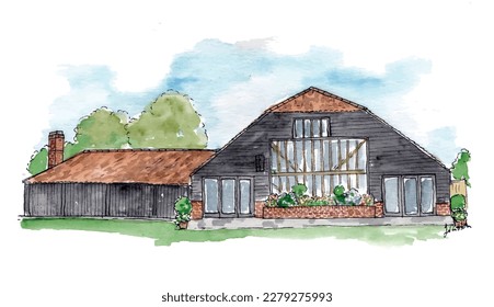 Converted barn wedding venue. Rural farm wedding reception. Windows, wood frame. Watercolor sketch illustration. Isolated vector.