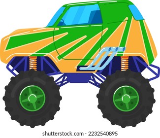 Converted cars, truck on big wheels, heavy vehicle, powerful engine, design cartoon style vector illustration, isolated on white.