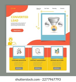 Converted lead flat landing page website template. Consumer behaviour, contract management, business relations. Web banner with header, content and footer. Vector illustration.