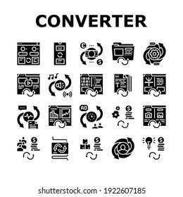 Converter Application Collection Icons Set Vector. Divisa Y Resumen, Archivos De Vídeo Y Audio, Imágenes De Glifos Conversor De Código De Imagen Y Programa Ilustraciones Negras
