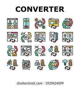 Converter Application Collection Icons Set Vector. Currency And Abstract, Video And Audio Files, Image And Program Code Converter Concept Linear Pictograms. Contour Color Illustrations