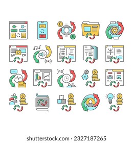 Converter Application Collection Icons Set Vector. Currency And Abstract, Video And Audio Files, Image And Program Code Converter Concept Linear Pictograms. Contour Color Illustrations