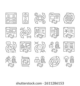 Converter Application Collection Icons Set Vector. Currency And Abstract, Video And Audio Files, Image And Program Code Converter Black Contour Illustrations