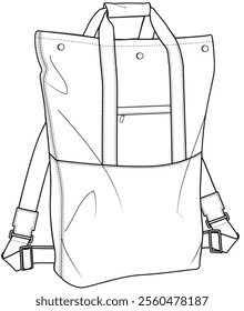 Convertible backpack flat sketch vector illustration technical cad drawing template