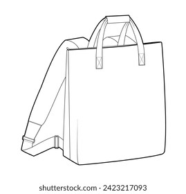 Convertible backpack silhouette tote bag with handles. Fashion accessory technical illustration. Vector schoolbag 3-4 view for Men, women, unisex style, flat handbag CAD mockup sketch outline isolated