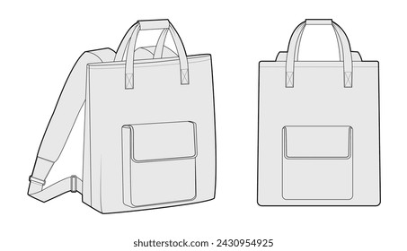 Convertible backpack silhouette tote bag with pocket. Fashion accessory technical illustration. Vector schoolbag front 3-4 view for Men, women, unisex style, flat handbag CAD mockup outline isolated