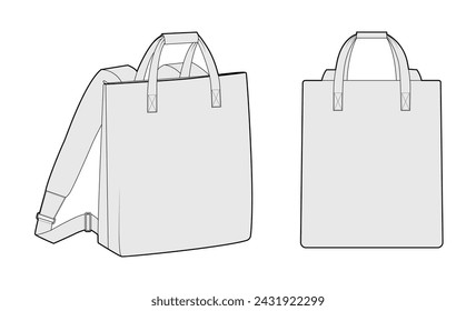 Convertible backpack silhouette tote bag with handles. Fashion accessory technical illustration. Vector schoolbag front 3-4 view for Men, women, unisex style, flat handbag CAD mockup sketch outline