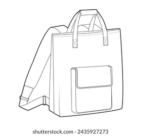 Convertible backpack silhouette tote bag with pocket. Fashion accessory technical illustration. Vector schoolbag 3-4 view for Men, women, unisex style, flat handbag CAD mockup sketch outline isolated