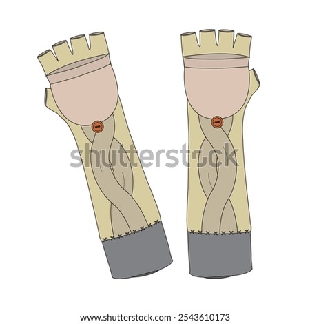 Convertible cable knit gloves technical illustration vector mockup template.