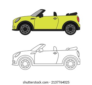 Cabriolet, Cabriolet. Eine Reihe von Vektorgrafiken für Automobile in skizzierter Silhouette und farbigem Design einzeln auf weißem Hintergrund.