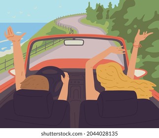 Convertible car with people driving along the seashore, flat vector illustration. Summer background with young people go on holiday sea vacation by car.