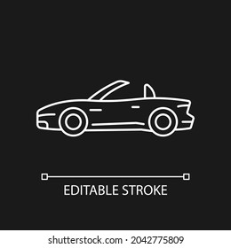 Convertible car white linear icon for dark theme. Cabriolet with retractable roof. Open top car. Thin line customizable illustration. Isolated vector contour symbol for night mode. Editable stroke