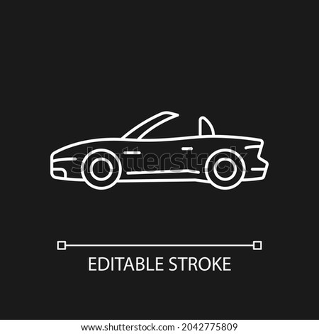 Convertible car white linear icon for dark theme. Cabriolet with retractable roof. Open top car. Thin line customizable illustration. Isolated vector contour symbol for night mode. Editable stroke