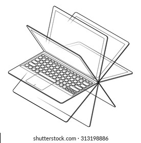 A convertible laptop/notebook computer with a 360 degree hinge. Shown with screen in different positions.