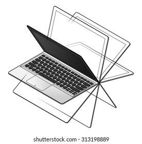 A convertible laptop/notebook computer with a 360 degree hinge. Shown with screen in different positions.