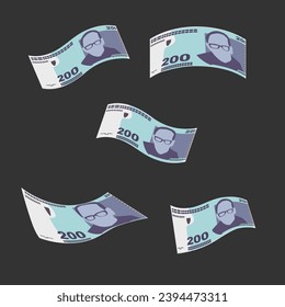 Convertible Mark Vector Illustration. Bosnia and Herzegovina money set bundle banknotes. Falling, flying money  200 BAM. Flat style. Isolated on white background. Simple minimal design.